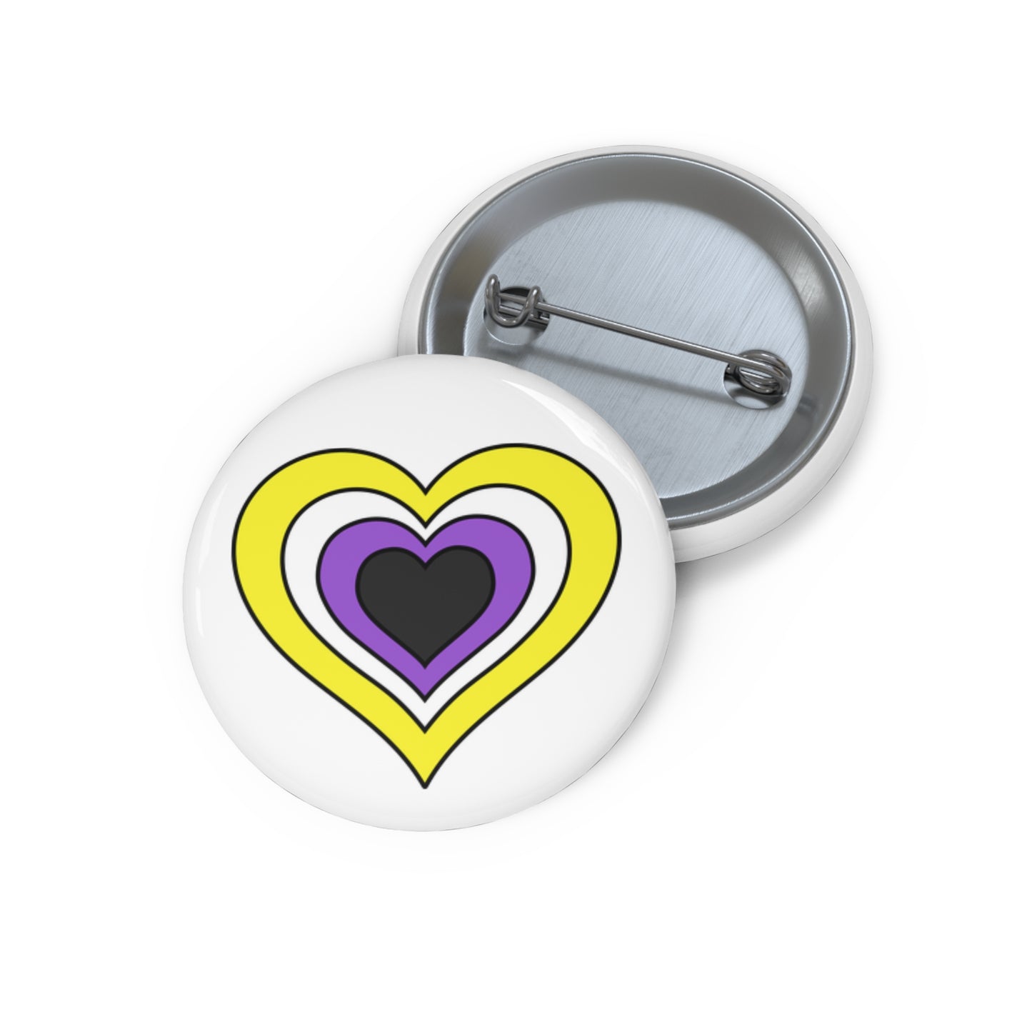 Front and back view of a white circular button with a heart-shaped nonbinary flag image. The button is shown on a white background.