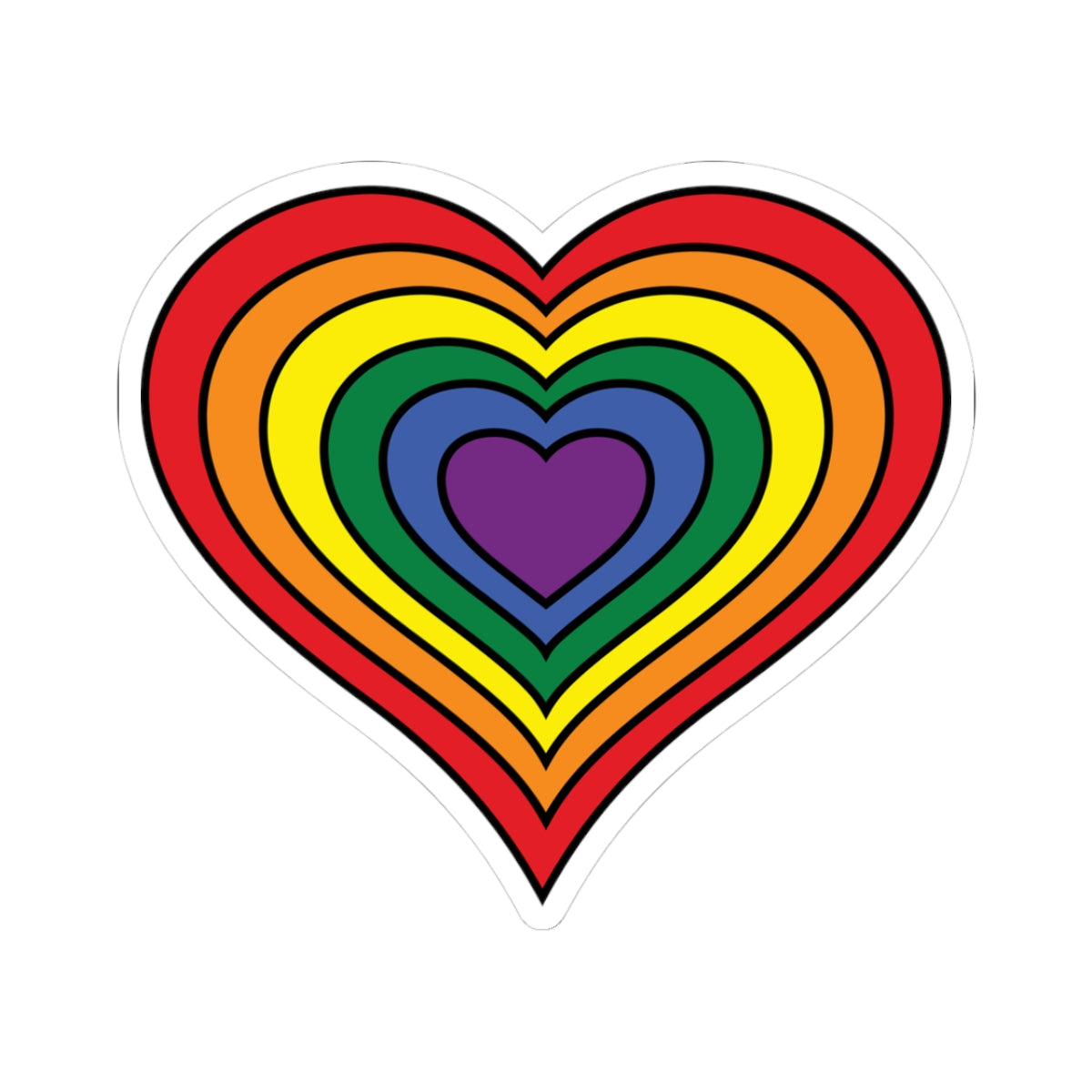 Heart‑shaped pride sticker featuring nested heart stripes inspired by the rainbow pride flag, outlined with a thin black border and surrounded by a white sticker border. The sticker is displayed on a white background.