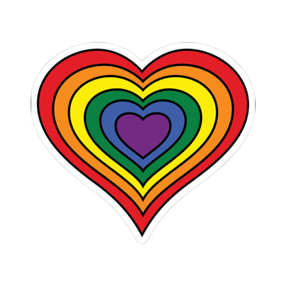 Heart‑shaped pride sticker featuring nested heart stripes inspired by the rainbow pride flag, outlined with a thin black border and surrounded by a white sticker border. The sticker is displayed on a white background.