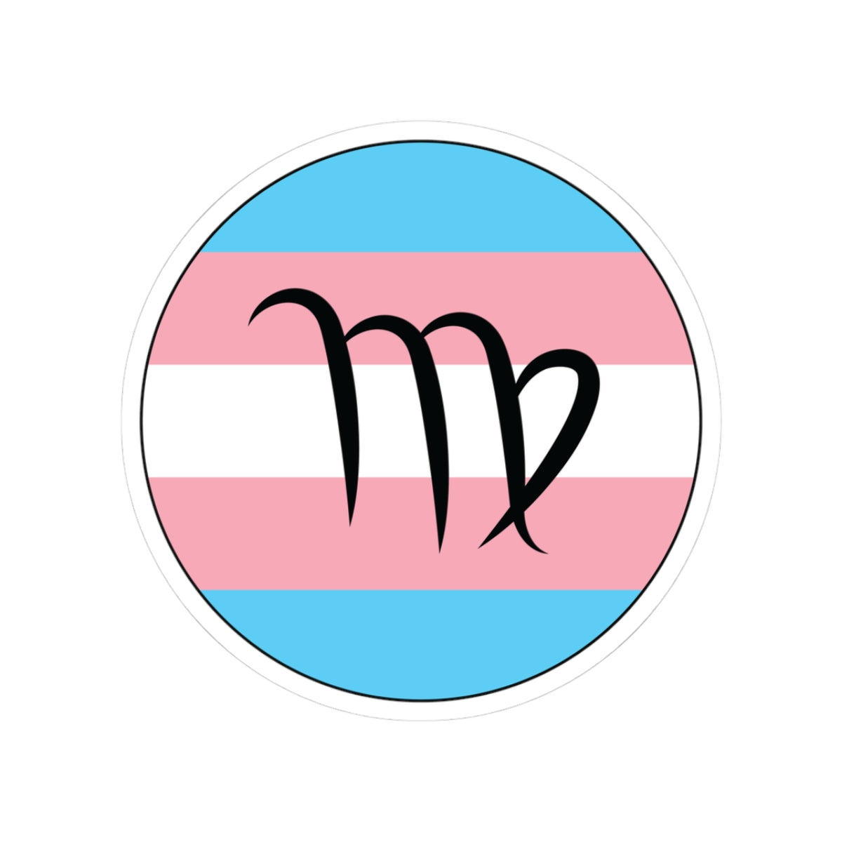 Circular transgender pride flag zodiac sticker with a thin black outline and white sticker border, featuring a centered black Virgo zodiac glyph. The sticker is shown on a white background.