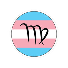 Circular transgender pride flag zodiac sticker with a thin black outline and white sticker border, featuring a centered black Virgo zodiac glyph. The sticker is shown on a white background.