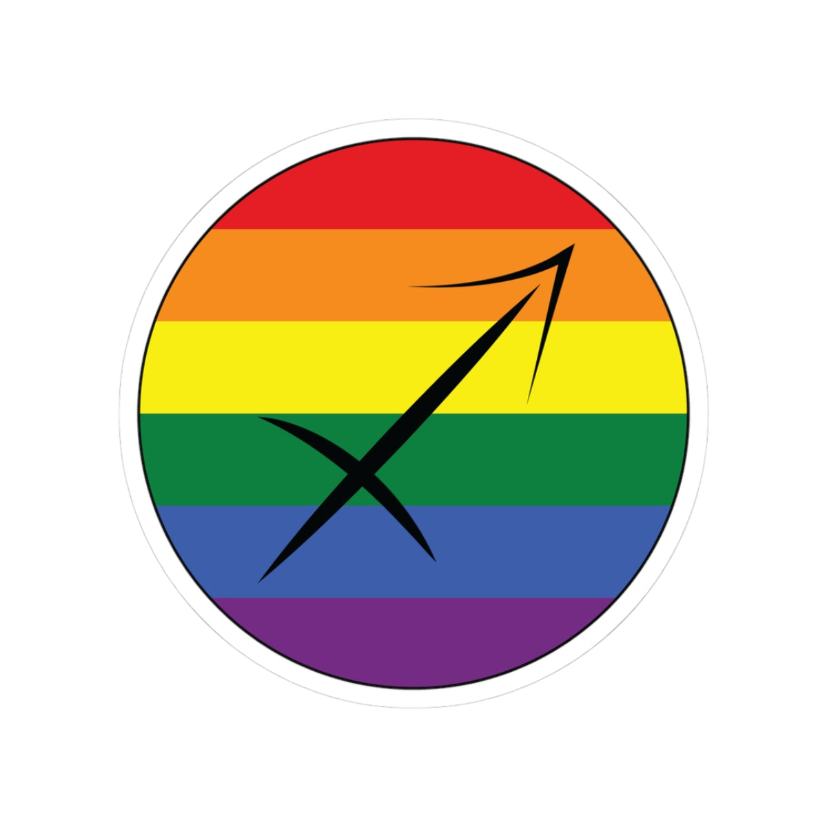 Circular rainbow pride flag zodiac sticker with a thin black outline and white sticker border, featuring a centered black Sagittarius zodiac glyph. The sticker is shown on a white background.