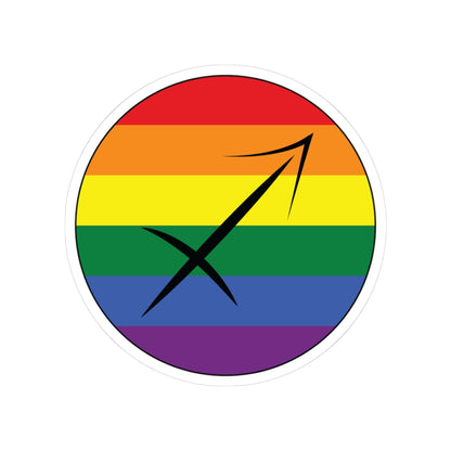 Circular rainbow pride flag zodiac sticker with a thin black outline and white sticker border, featuring a centered black Sagittarius zodiac glyph. The sticker is shown on a white background.