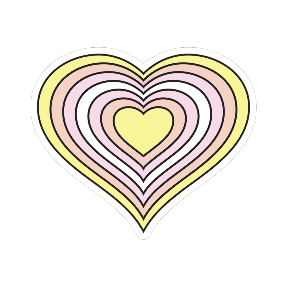 Heart-shaped pangender pride flag sticker featuring nested heart stripes in yellow, light orange, pink, white, pink, light orange, and yellow, outlined with a thin black border and a white sticker border. The sticker is shown on a white background.