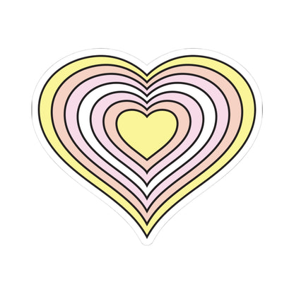Heart-shaped pangender pride flag sticker featuring nested heart stripes in yellow, light orange, pink, white, pink, light orange, and yellow, outlined with a thin black border and a white sticker border. The sticker is shown on a white background.