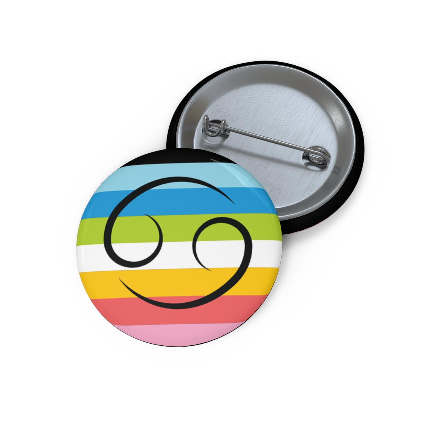 Front and back view of a circular queer pride flag button featuring the Cancer zodiac symbol in black centered on the front.
