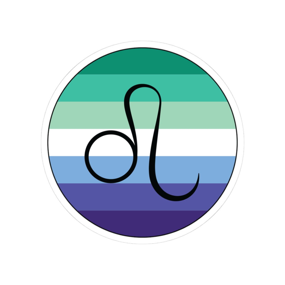 Circular gay men pride flag zodiac sticker with a thin black outline and white sticker border, featuring a centered black Leo zodiac glyph. The sticker is shown on a white background.