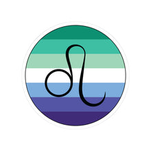 Circular gay men pride flag zodiac sticker with a thin black outline and white sticker border, featuring a centered black Leo zodiac glyph. The sticker is shown on a white background.