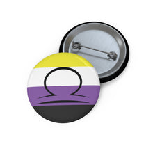 Front and back view of a circular nonbinary pride flag button featuring the Libra zodiac symbol in black centered on the front.