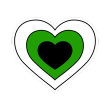 Heart-shaped neutrois pride flag sticker featuring nested heart stripes in white, green, and black, outlined with a thin black border and a white sticker border. The sticker is shown on a white background.