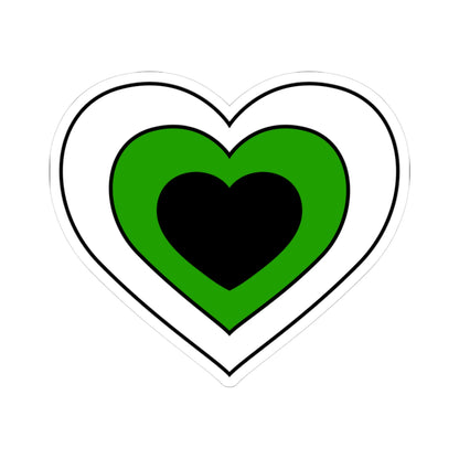 Heart-shaped neutrois pride flag sticker featuring nested heart stripes in white, green, and black, outlined with a thin black border and a white sticker border. The sticker is shown on a white background.