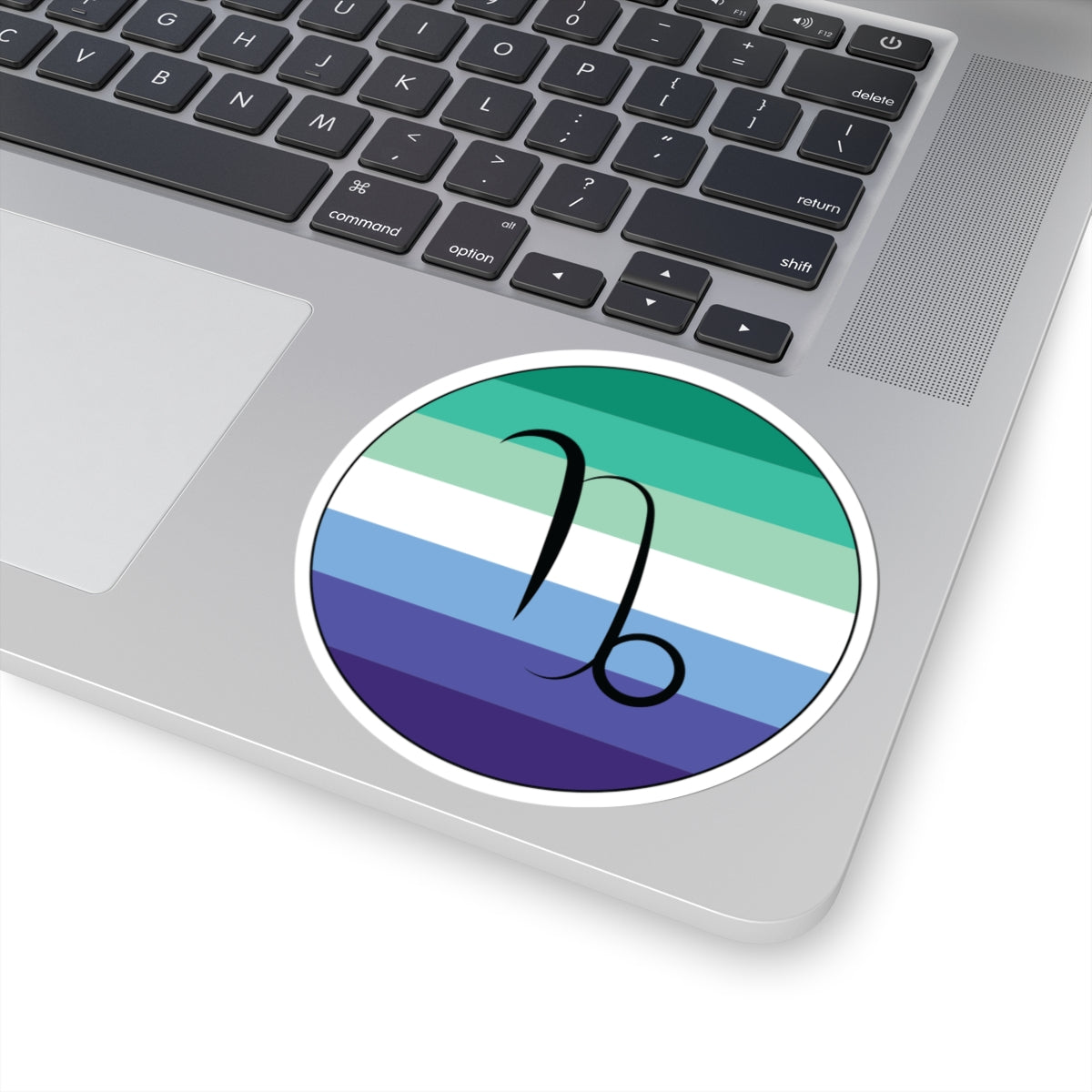 Close-up of the bottom right corner of a silver laptop featuring a 4 inch by 4 inch circular zodiac sticker with a centered Capricorn glyph on a Gay Men pride flag style background applied to the surface.