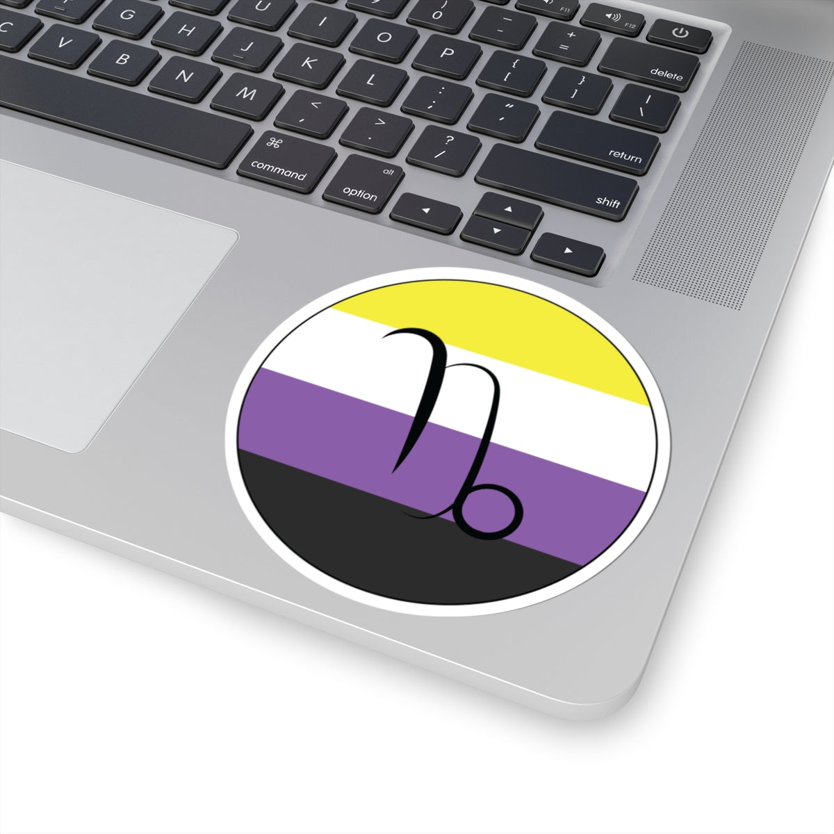 Close-up of the bottom right corner of a silver laptop featuring a 4 inch by 4 inch circular zodiac sticker with a centered Capricorn glyph on a Nonbinary pride flag style background applied to the surface.