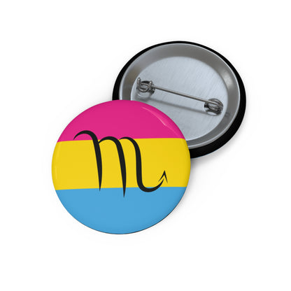 Front and back view of a circular pansexual pride flag button featuring the Scorpio zodiac symbol in black centered on the front.
