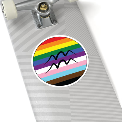 Close-up of the bottom of a silver skateboard featuring a 6 inch by 6 inch circular zodiac sticker with a centered Aquarius glyph on a progress pride flag style background applied to the surface.