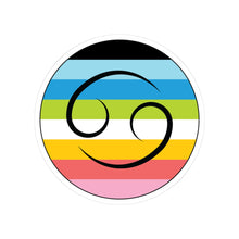 Circular queer pride flag zodiac sticker with a thin black outline and white sticker border, featuring a centered black Cancer zodiac glyph. The sticker is shown on a white background.