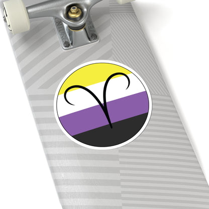 Close-up of the bottom of a silver skateboard featuring a 6 inch by 6 inch circular zodiac sticker with a centered Aires glyph on a Nonbinary pride flag style background applied to the surface.
