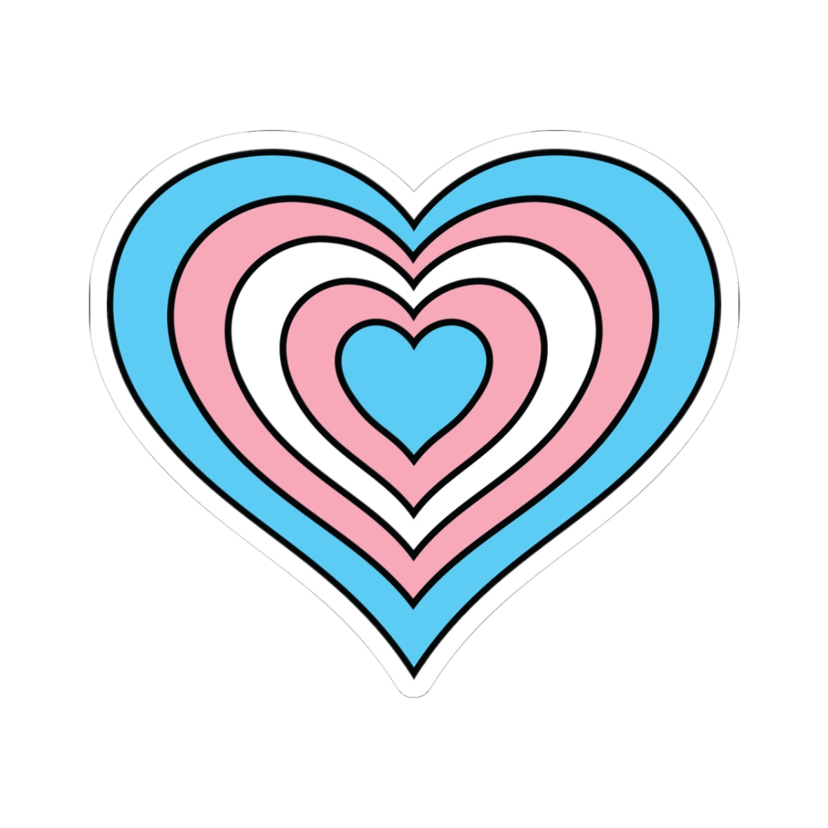 Heart-shaped transgender pride flag sticker featuring nested heart stripes in light blue, pink, white, pink, and light blue, outlined with a thin black border and a white sticker border. The sticker is shown on a white background.