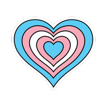 Heart-shaped transgender pride flag sticker featuring nested heart stripes in light blue, pink, white, pink, and light blue, outlined with a thin black border and a white sticker border. The sticker is shown on a white background.
