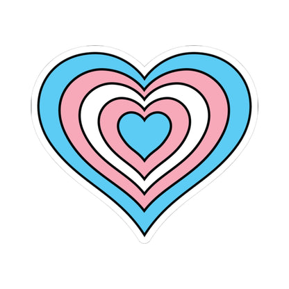 Heart-shaped transgender pride flag sticker featuring nested heart stripes in light blue, pink, white, pink, and light blue, outlined with a thin black border and a white sticker border. The sticker is shown on a white background.