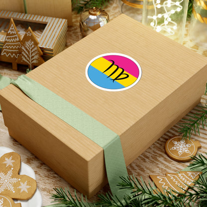 Gift box with a green ribbon on a festive background with cookies and Christmas decorations. Virgo Pansexual pride sticker centered on the box.