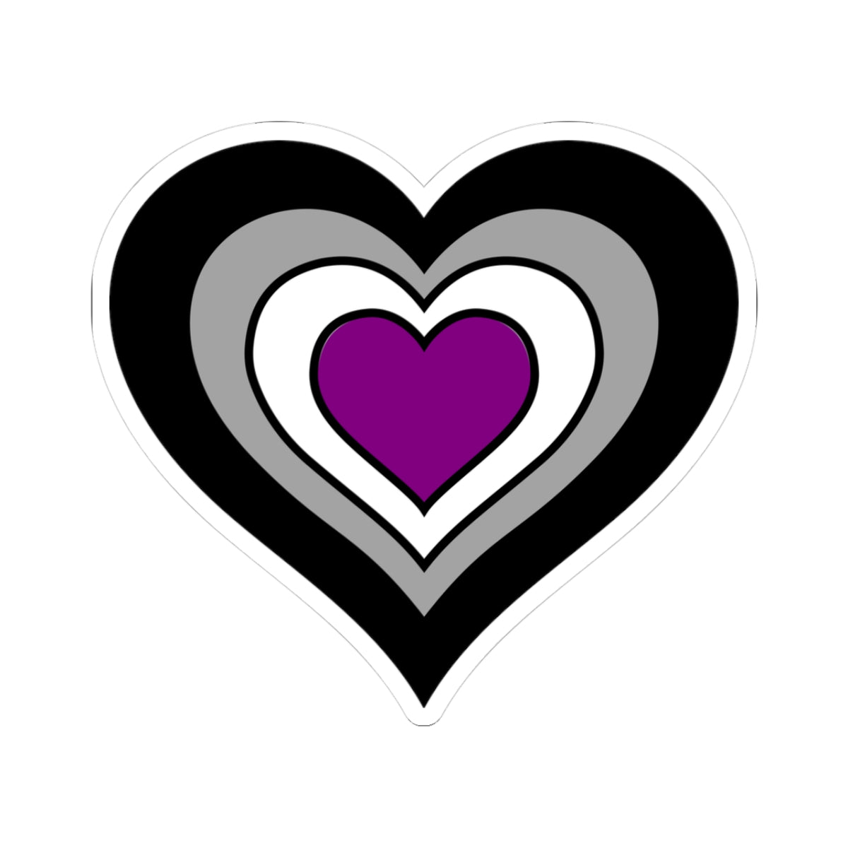 Heart-shaped asexual pride flag sticker featuring nested heart stripes in black, gray, white, and purple, outlined with a thin black border and a white sticker border. The sticker is shown on a white background.