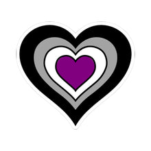 Heart-shaped asexual pride flag sticker featuring nested heart stripes in black, gray, white, and purple, outlined with a thin black border and a white sticker border. The sticker is shown on a white background.