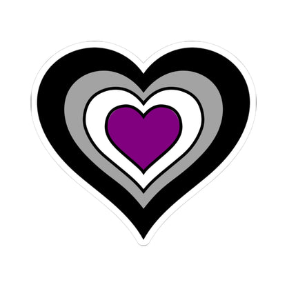 Heart-shaped asexual pride flag sticker featuring nested heart stripes in black, gray, white, and purple, outlined with a thin black border and a white sticker border. The sticker is shown on a white background.