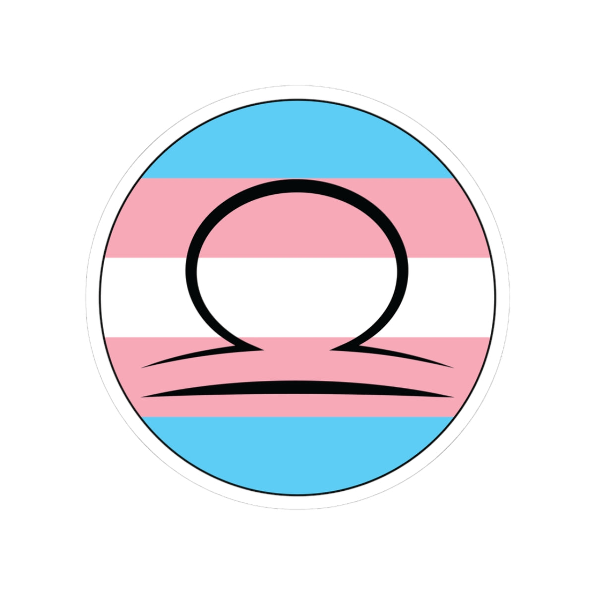 Circular transgender pride flag zodiac sticker with a thin black outline and white sticker border, featuring a centered black Libra zodiac glyph. The sticker is shown on a white background.
