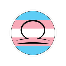 Circular transgender pride flag zodiac sticker with a thin black outline and white sticker border, featuring a centered black Libra zodiac glyph. The sticker is shown on a white background.