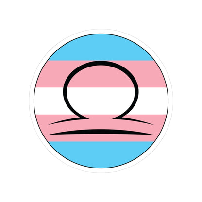 Circular transgender pride flag zodiac sticker with a thin black outline and white sticker border, featuring a centered black Libra zodiac glyph. The sticker is shown on a white background.