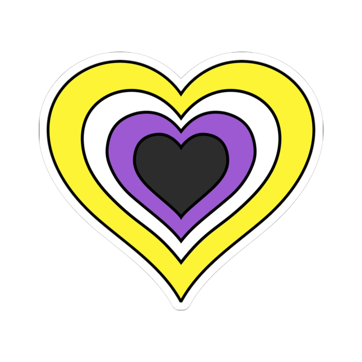 Heart-shaped nonbinary pride flag sticker featuring nested heart stripes in yellow, white, purple, and dark grey, outlined with a thin black border and a white sticker border. The sticker is shown on a white background.