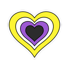 Heart-shaped nonbinary pride flag sticker featuring nested heart stripes in yellow, white, purple, and dark grey, outlined with a thin black border and a white sticker border. The sticker is shown on a white background.