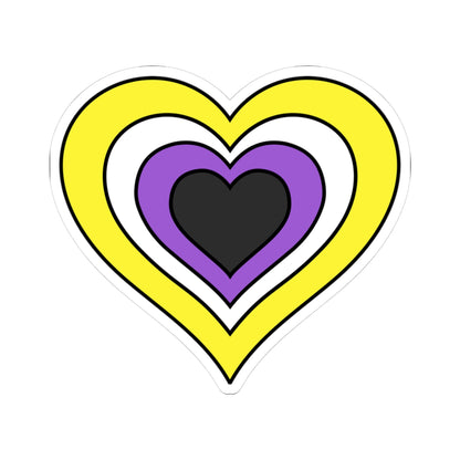 Heart-shaped nonbinary pride flag sticker featuring nested heart stripes in yellow, white, purple, and dark grey, outlined with a thin black border and a white sticker border. The sticker is shown on a white background.