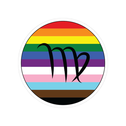 Circular progress pride flag zodiac sticker with a thin black outline and white sticker border, featuring a centered black Virgo zodiac glyph. The sticker is shown on a white background.