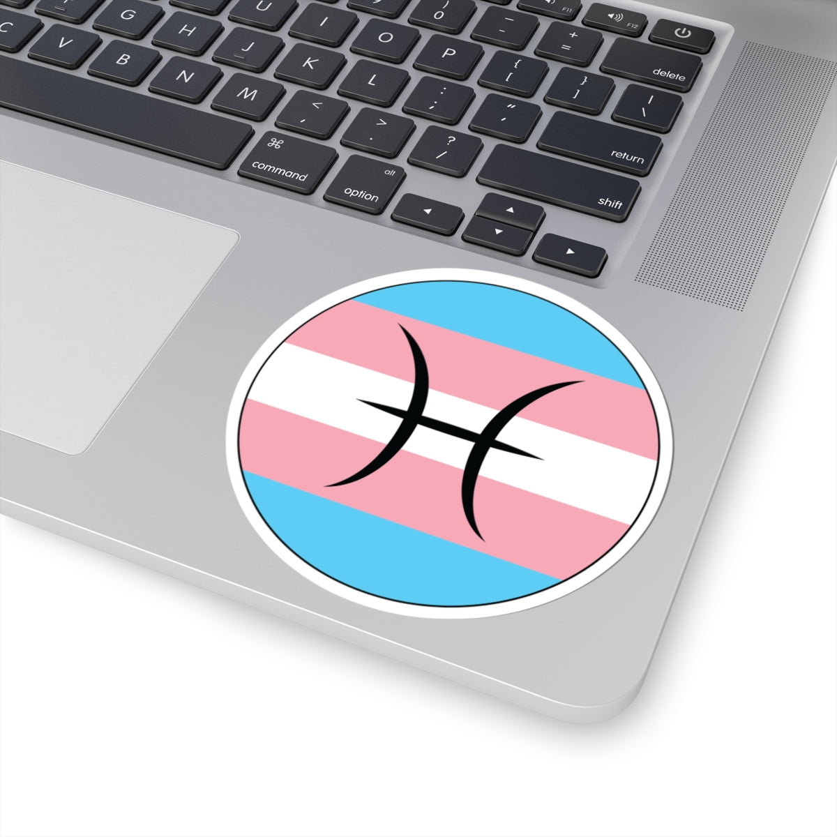 Close-up of the bottom right corner of a silver laptop featuring a 4 inch by 4 inch circular zodiac sticker with a centered Pisces glyph on a Transgender pride flag style background applied to the surface.