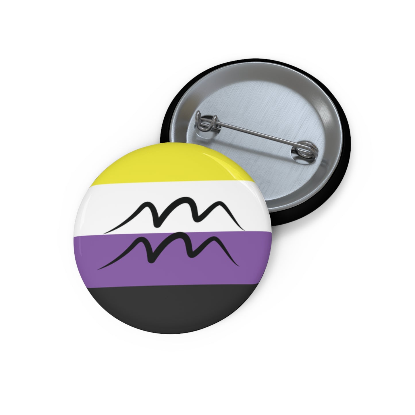 Front and back view of a circular nonbinary pride flag button featuring the Aquarius zodiac symbol in black centered on the front.