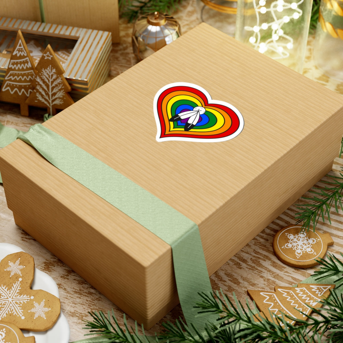 Gift box with a green ribbon on a festive background with cookies and Christmas decorations. Heart-shaped Two-Spirit pride sticker centered on the box.