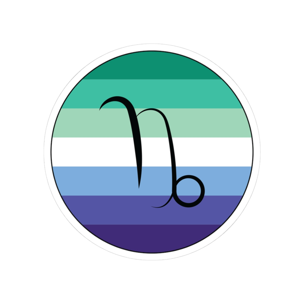 Circular gay men pride flag zodiac sticker with a thin black outline and white sticker border, featuring a centered black Capricorn zodiac glyph. The sticker is shown on a white background.