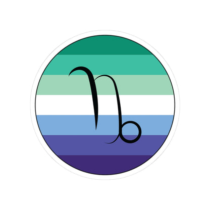Circular gay men pride flag zodiac sticker with a thin black outline and white sticker border, featuring a centered black Capricorn zodiac glyph. The sticker is shown on a white background.