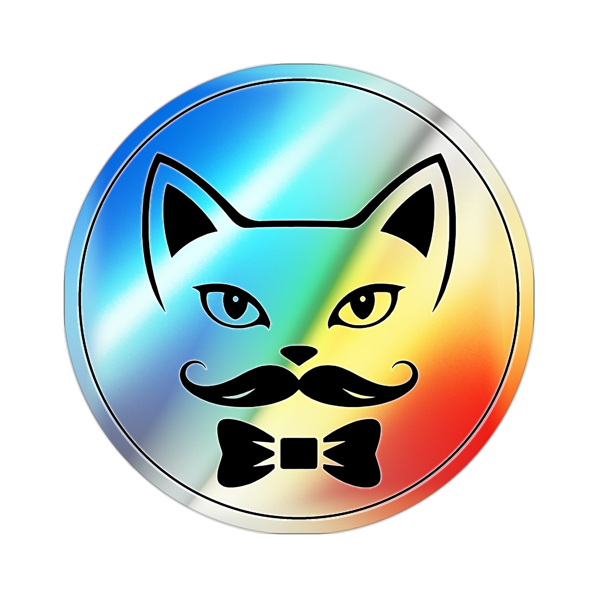 Circular holographic Queer Kitty logo sticker featuring a stylized cat face with a curled mustache and bow tie on a rainbow reflective background. The sticker is shown here on a white background.