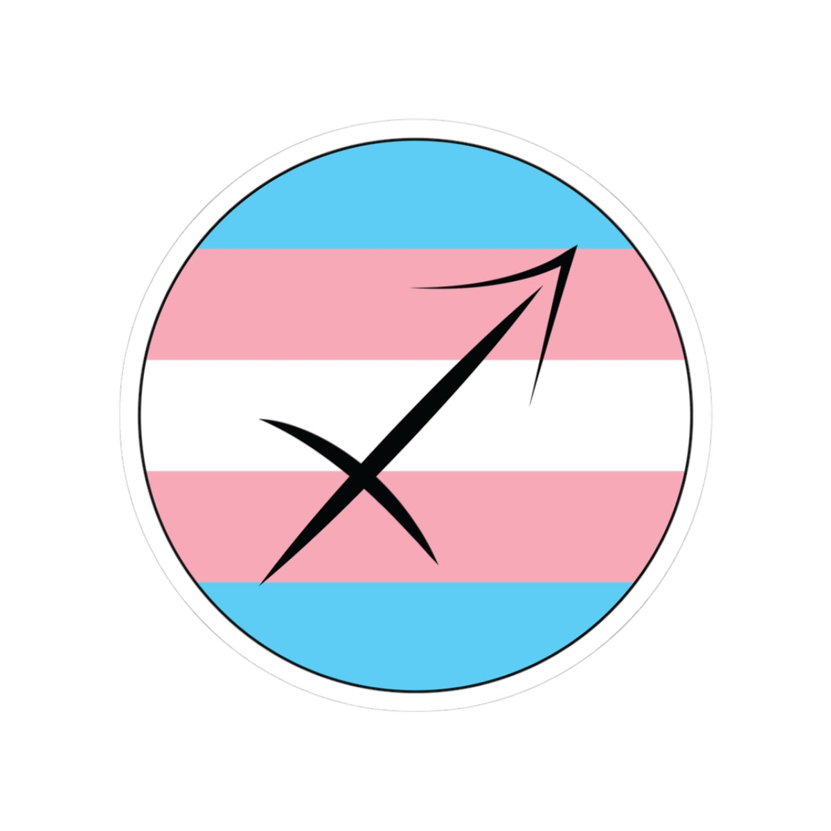 Circular transgender pride flag zodiac sticker with a thin black outline and white sticker border, featuring a centered black Sagittarius zodiac glyph. The sticker is shown on a white background.