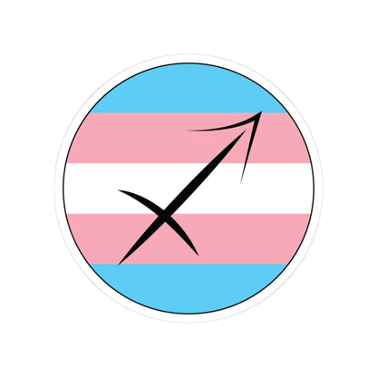 Circular transgender pride flag zodiac sticker with a thin black outline and white sticker border, featuring a centered black Sagittarius zodiac glyph. The sticker is shown on a white background.