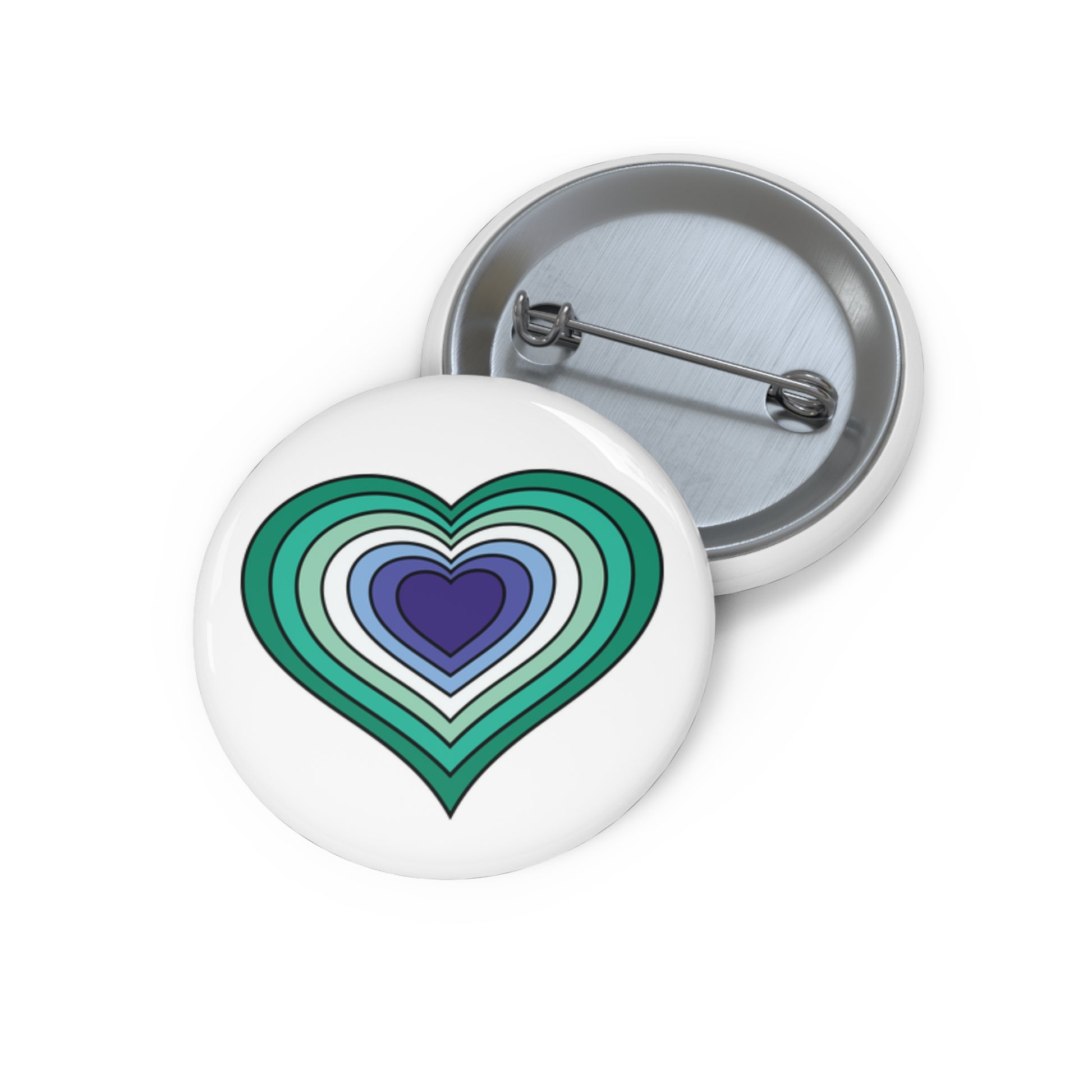 Front and back view of a white circular button with a heart-shaped gay men flag image. The button is shown on a white background.