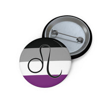 Front and back view of a circular asexual pride flag button featuring the Leo zodiac symbol in black centered on the front.