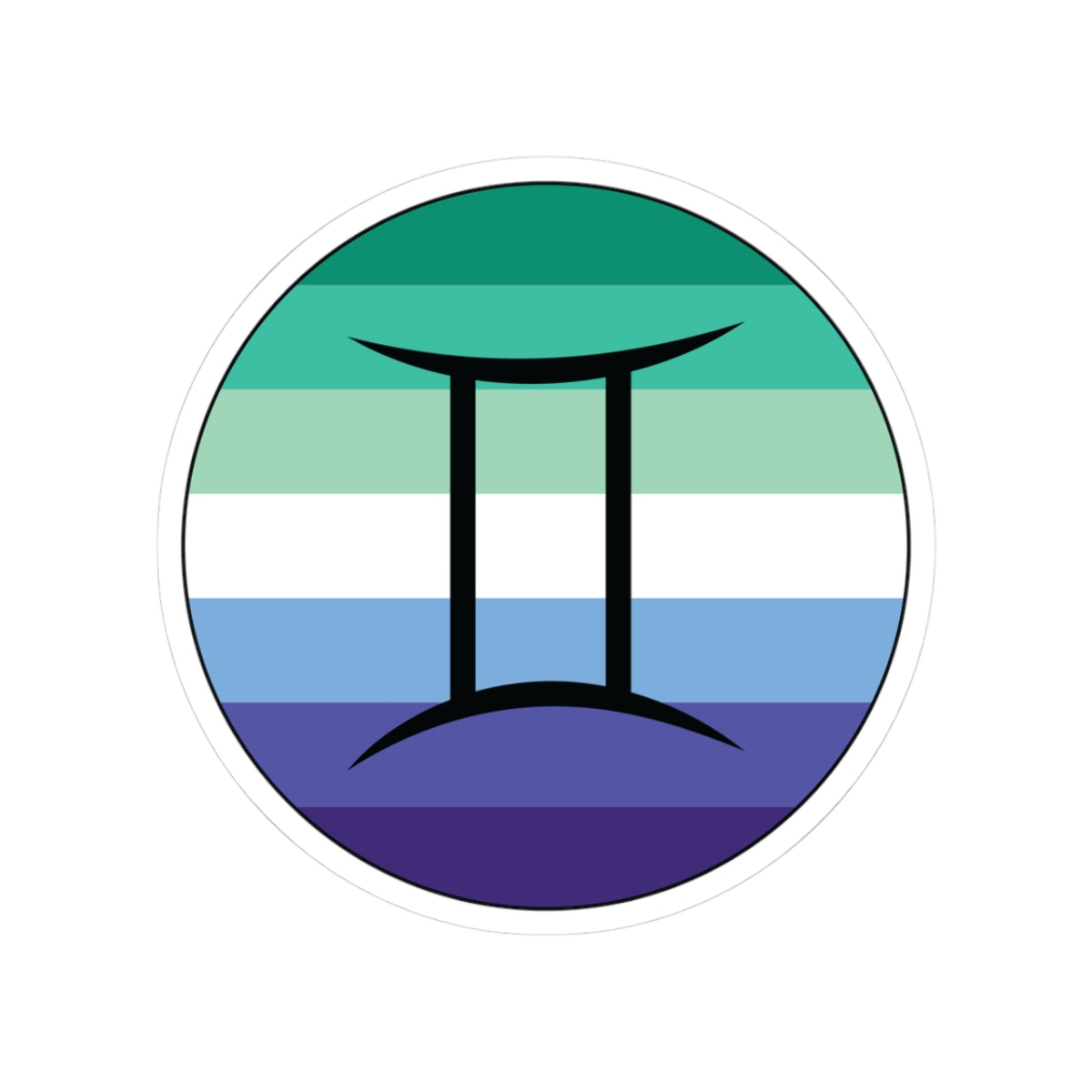 Circular gay men pride flag zodiac sticker with a thin black outline and white sticker border, featuring a centered black Gemini zodiac glyph. The sticker is shown on a white background.