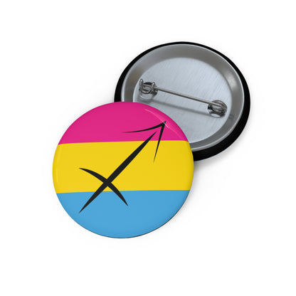 Front and back view of a circular pansexual pride flag button featuring the Sagittarius zodiac symbol in black centered on the front.