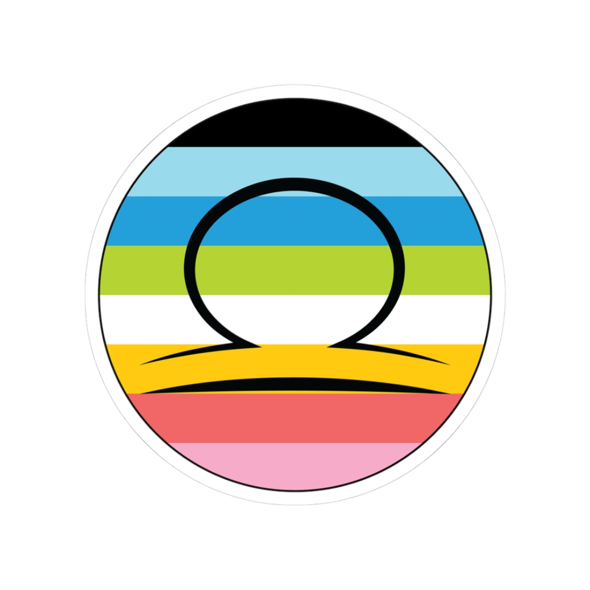 Circular queer pride flag zodiac sticker with a thin black outline and white sticker border, featuring a centered black Libra zodiac glyph. The sticker is shown on a white background.