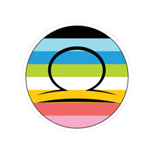 Circular queer pride flag zodiac sticker with a thin black outline and white sticker border, featuring a centered black Libra zodiac glyph. The sticker is shown on a white background.