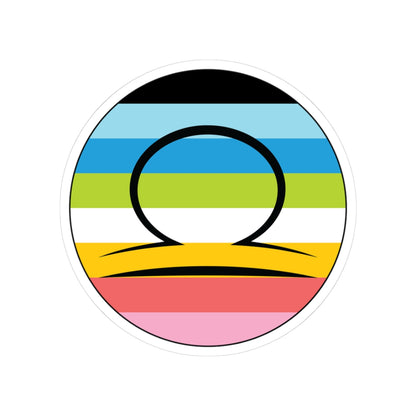 Circular queer pride flag zodiac sticker with a thin black outline and white sticker border, featuring a centered black Libra zodiac glyph. The sticker is shown on a white background.